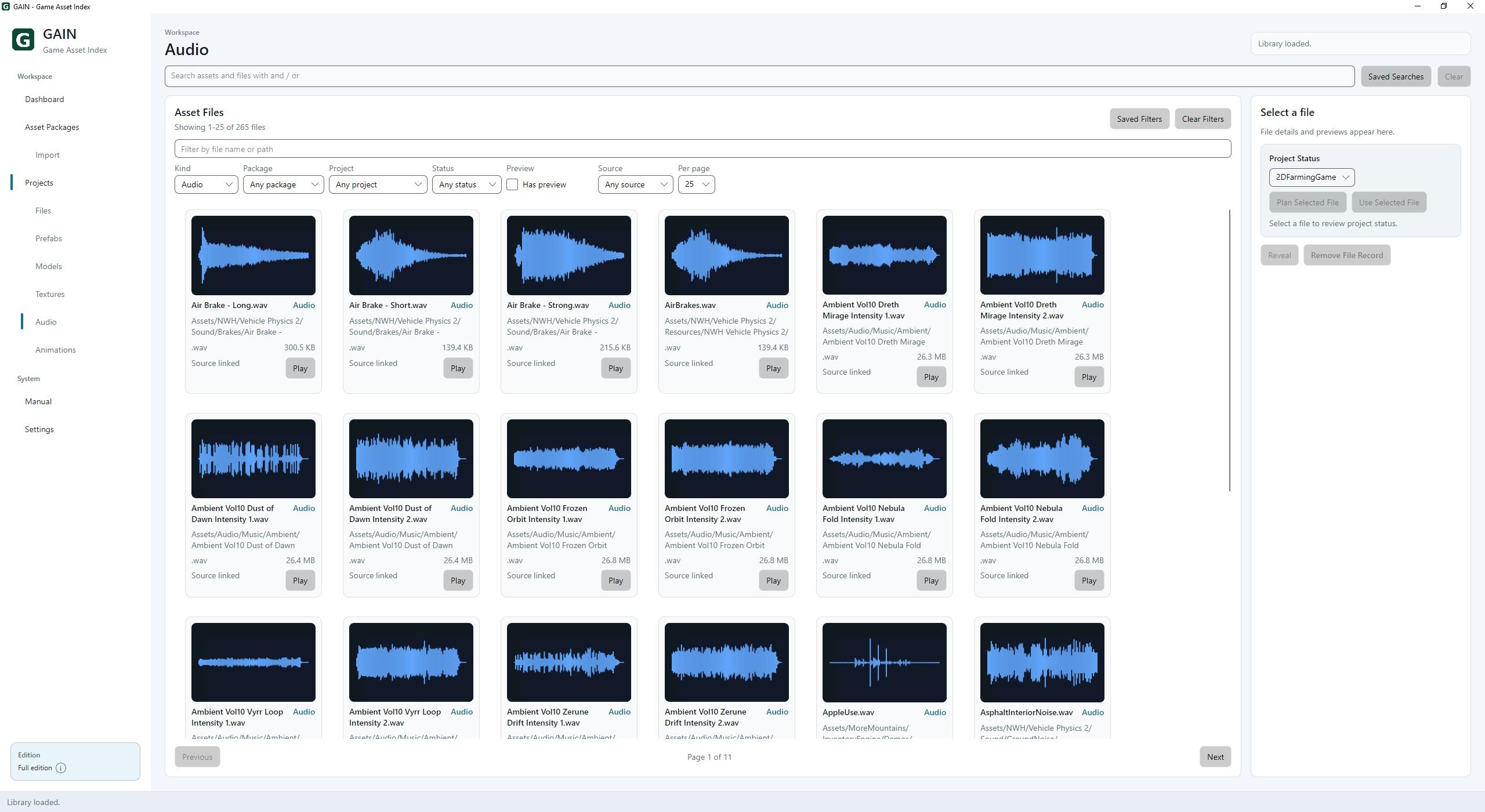 GAIN showing audio waveform previews and play buttons