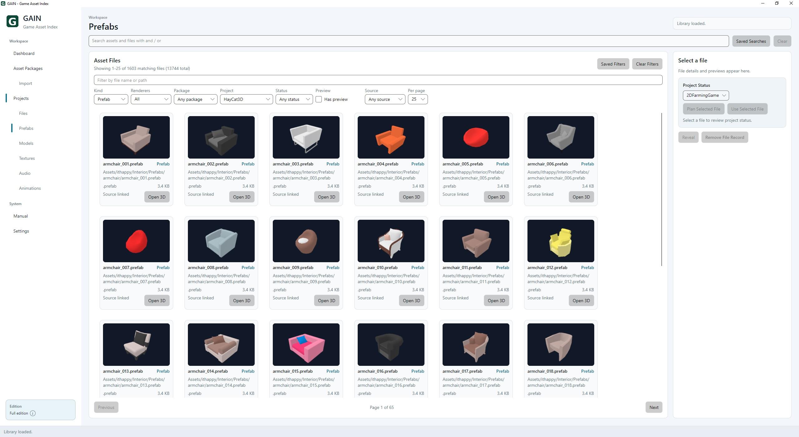 GAIN browsing Unity prefab assets with generated previews