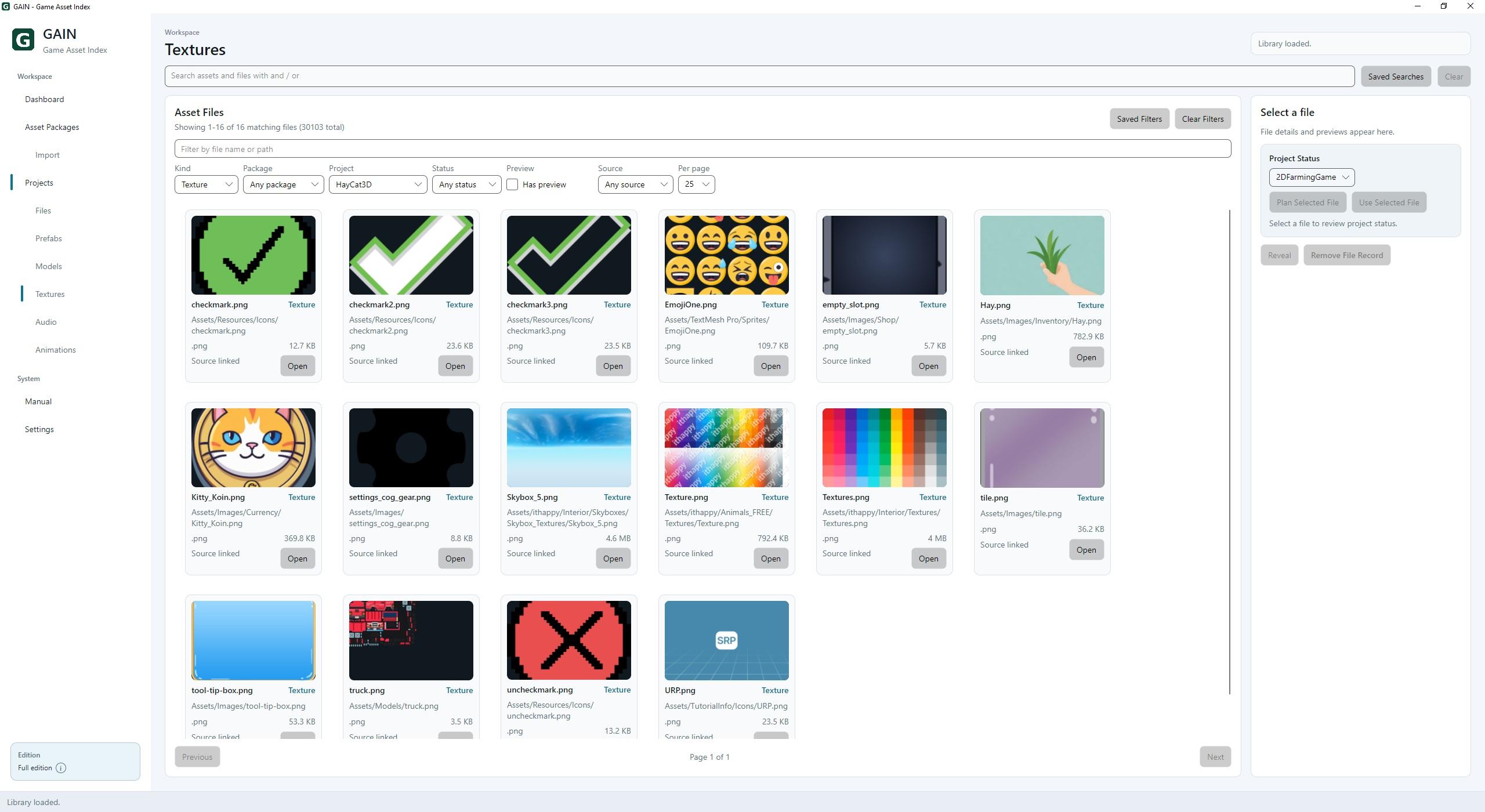 GAIN showing texture file cards for a Unity project